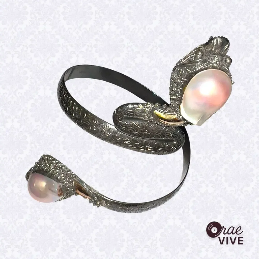 Vintage Sterling Silver 925 Thai Naga Dragon Arm Cuff with Baroque Pearl